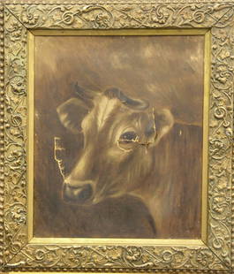 Framed oil, Cow, plus frame: (lot of 2) Framed oil on canvas, cow, late 19th century; carved wood frame