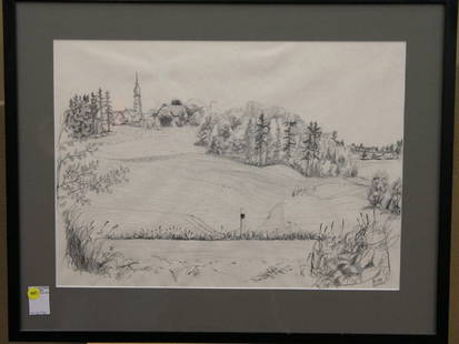 Framed graphite, landscape, Schulz: Framed graphite on paper, country landscape, signed Schulz lower right