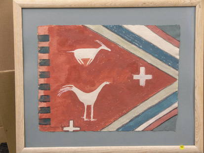 Mixed media, Janice Chambers Best: Framed mixed media, rooster and antelope in tribal motif, signed Janice Chambers Best '91 lower left