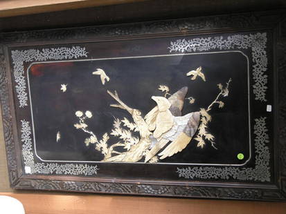 Pair Meiji era lacquered panels: Pair of Meiji era decorative lacquered panels of eagles with hardstone, mother of pearl, and bone
