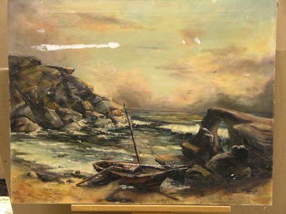 2 oils, McCormack, Dymes: (lot of 2) Unframed oil on canvas, Sailboat Ashore, signed William McCormack lower right; Unframed oil on canvas, impressionistic landscape, signed John Dymes lower right