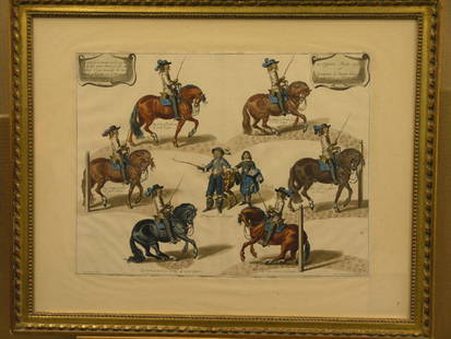 Framed engraving, 18th century,: Framed 18th century handcolored engraving depicting cavalier on horseback, 23''H x 29''W
