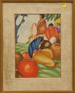 2 framed watercolors, mother & child: (lot of 2) Framed watercolor, depicting a mother and child, and a man in sombrero