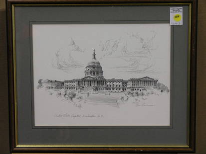 2 framed prints, Lou Canavarro: (lot of 2) Framed prints, depicting war monument and U.S. Capitol, signed Lou Canavarro lower right