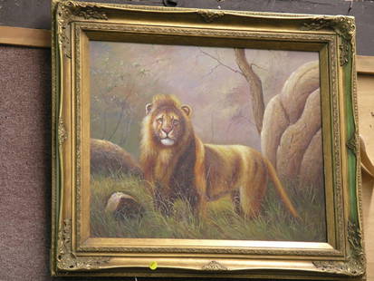 Framed oil, Lion: Framed oil on canvas, Lion