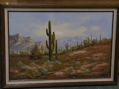 Framed oil, desert landscape, Frank: Framed oil on canvas, desert landscape, signed Frank lower left