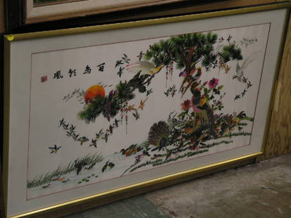 Framed Chinese embroidery: Framed Chinese embroidery of peacocks and birds, 20th century