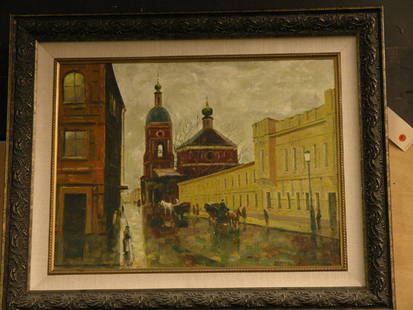 Oil painting, European town, c. 1900's: Framed oil on canvas, European Boulevard, early-mid 20th century, image: 20.5''H x 30''W, frame: 32.5''H x 40''W x 2''D