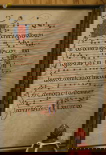 Framed Latin sheet music: Framed Latin sheet music on vellum