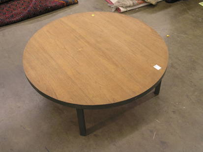 Danish Modern Teak Coffee Table: Round Danish teak coffee table with goldleaf to edge of top and legs, c. 1960