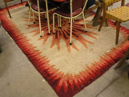 Danish Shag Rug by RIAA: RIAA Danish Modern shag rug with an ivory field, red and orange borders and central red and orange sunburst medallion 5''7''w x 9'l