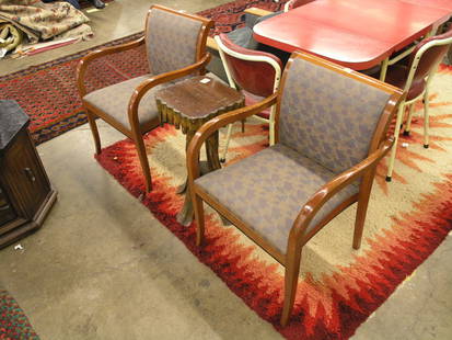Pair of Beech Armchairs: Pair of retro style beech armchairs with foliate upholstery 31''h x 23''d x 23''w