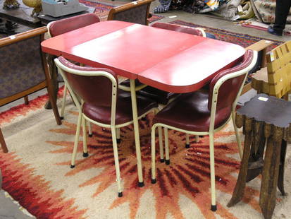 Red Formica and Ivory painted Dinette Set: Late 1940s metal and formica dinette set in ivory paint and red formica including four chairs and a dropleaf table