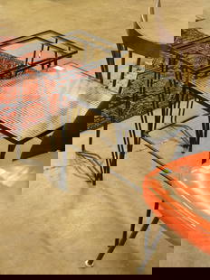 Midcentury modern iron and glass table: Wrought Iron and corrugated glass sidetable c. 1950, 22''h x 22''w x 17''d