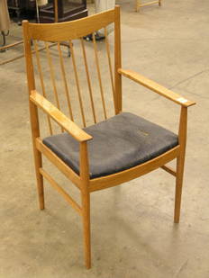 Sibast Danish Modern Teak Armchair: Danish Modern Teak Armchair with tapered legs and spindled back under shaped crestrail by Sibast, c. 1955 38''h x 21''d x 22''w