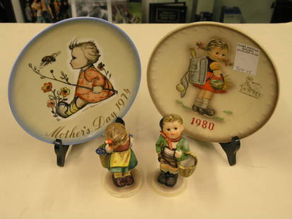 Hummel collectibles: Pair of Hummel figurines and three Hummel collector's plates, 1980 annual plate, and two Mother's Day 1974