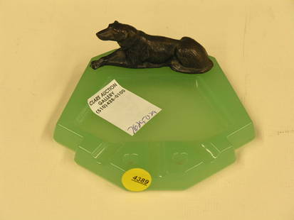 Art Deco ashtray: Green Art Deco glass ashtray mounted with a bronze patine spelter Borzoi, approx. 1.15'' x 5.25''w x 5''d