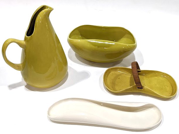 Russel Wright Steubenville dishware: (lot of 58) Russel Wright American Modern Steubenville dishware executed in chartreuse, consisting of (6) dinner plates, lug bowls, a pitcher, a lidded tea pot, one lacking, a creamer, a lidded dish,