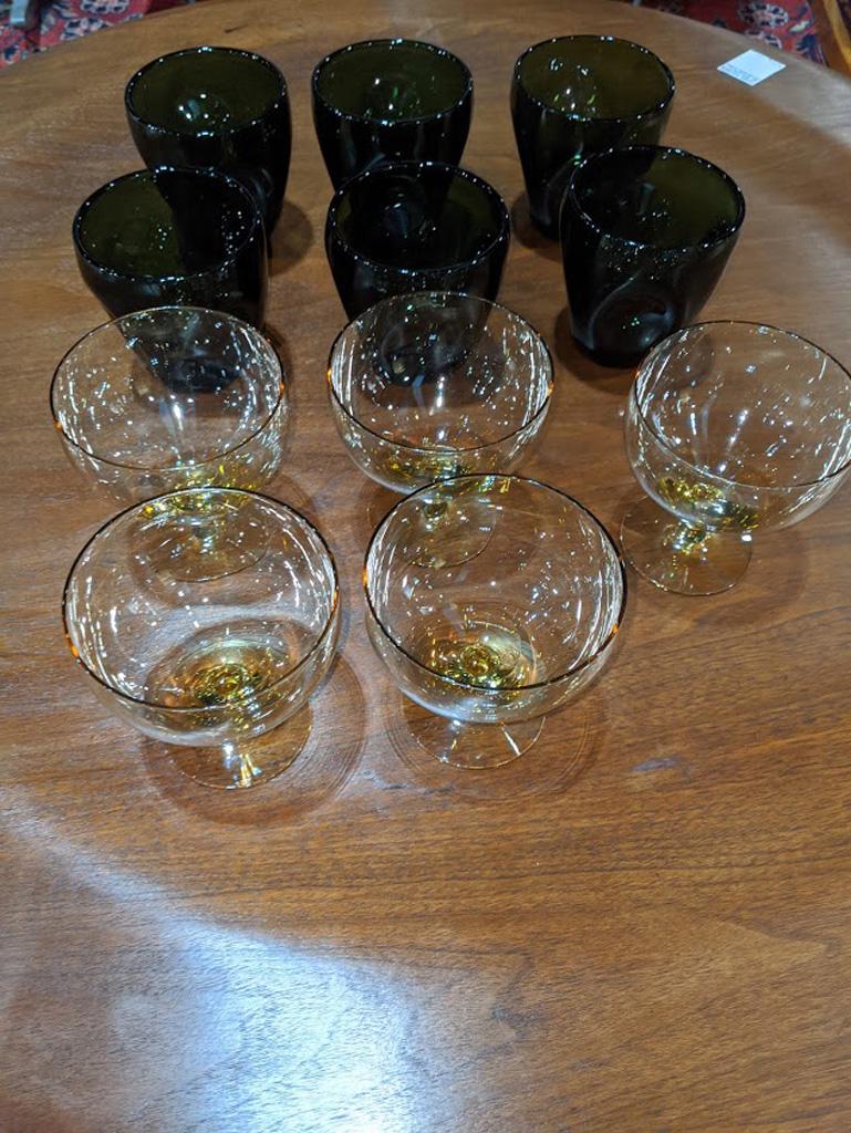 (lot of 11) Russel Wright glassware: (lot of 11) Russel Wright glassware, consisting of (6) tumblers in green, and (5) champagne bowls, largest: 4"h