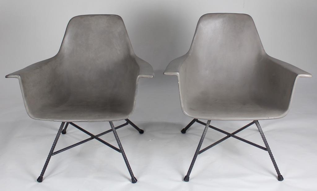 A pair of Lyon Beton armchairs: A pair of Lyon Beton armchairs, each having a concrete shell and rebar legs, in the manner of Muriel Coleman, 25.5"h