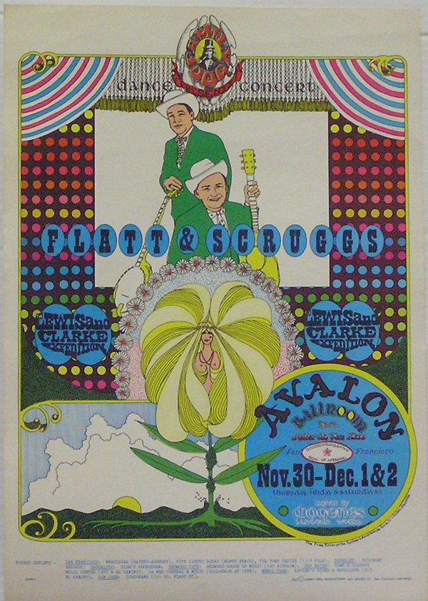 Psychedelic rock concert posters, Avalon: (Lot of 7) Unframed psychedelic rock concert posters, including Flatt and Scruggs/ Avalon Ballroom, Family Dog 1967, sheet: 20''h x 14''w