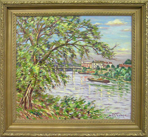 Painting, Fisher, American: Framed oil on canvas, River Scene, by Hugo Melville Fisher (American, 1878-1946), signed lower right, sight: 25''h x 28.5''w, overall: 34''h x 37''w
