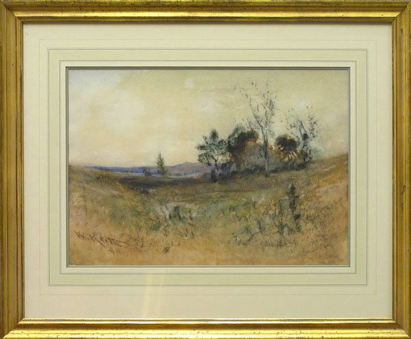 Mixed media Californian William Keith: Framed mixed media (watercolor and pastel on paper), Marin Landscape, 1894, by William Keith (Californian, 1838-1911), signed and dated '94 lower left, sight: 13''h x 19''w, overall: 22.5''h x 28''w.
