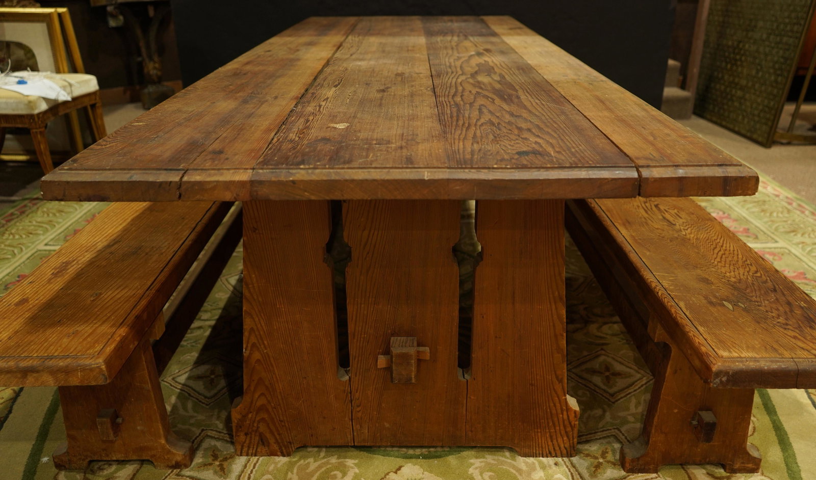 (lot of 3) An Arts And Crafts redwood table and benches: (lot of 3) An Arts And Crafts redwood table and benches, designed by architect John White ( Bernard Maybeck's brother-in-law) for the residence at 1194 Craigmont Avenue, Berkeley CA built in 1922, exe