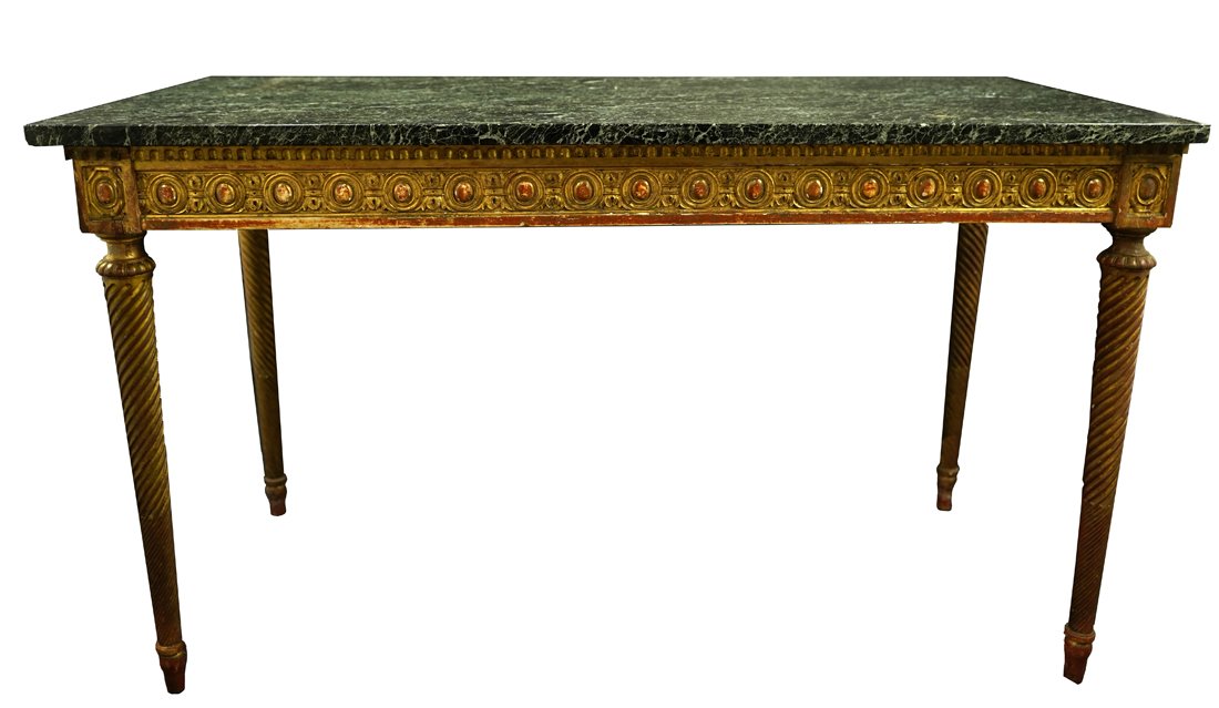 An Italian Neoclassical carved and giltwood console: Italian Neoclassical carved and giltwood console table, 19th century, having a rectangular marble top, above the apron having raised cartouche accents, and rising on fluted and tapered legs, 27.5"h x