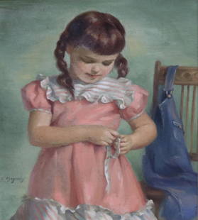 Painting and illustration, Ariane Beigneux: (lot of 2) Ariane Beigneux (American, 1918-2011), Untitled (Young Girl in Pink Dress), circa 1950-51, oil on canvas, signed lower left, canvas: 20"h x 16"w, overall (with frame): 26.75"h x 22.5"w.