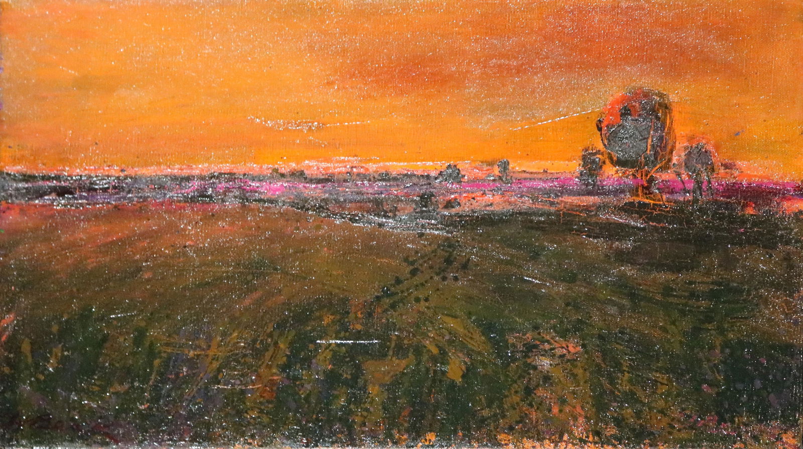 Painting, Henrietta Berk: Henrietta Berk (American, 1919-1990), "Sunset Over the Fields," circa 1960, oil on canvas, signed lower left, label affixed verso, canvas: 12"h x 18"w, overall (with frame): 15.25"h x 21.25"w