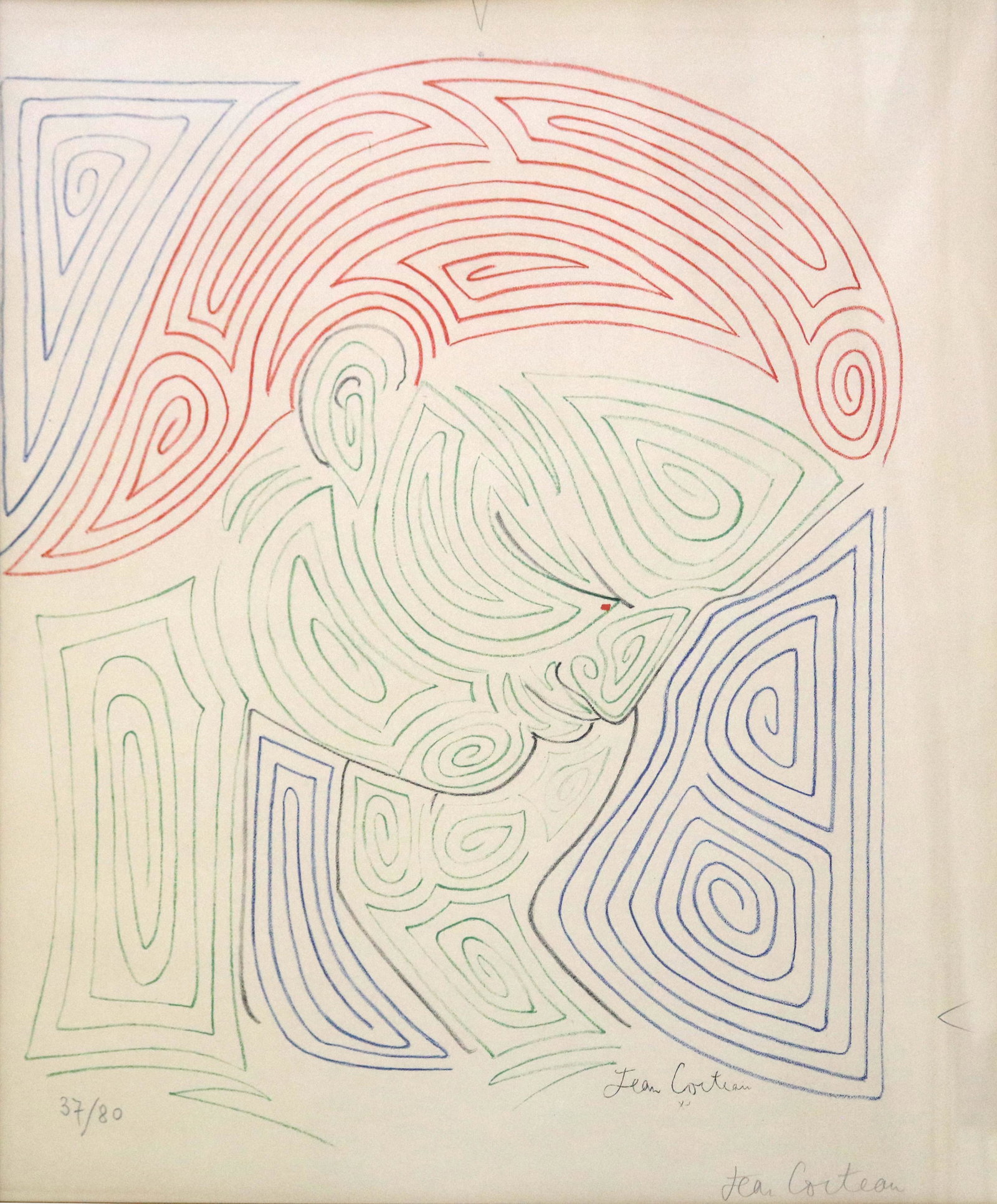 Print, Jean Cocteau: Jean Cocteau (French, 1889-1963), Head, Downward in Profile, lithograph in colors, pencil signed and signed in plate lower right, edition 37/80, sight: 21.5"h x 17.25"w, overall (with frame): 29.5"h x