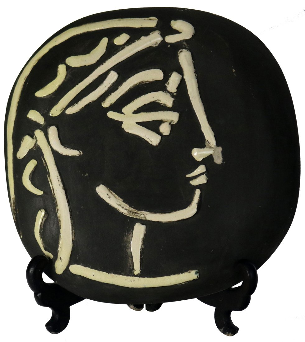 Ceramic plaque, Pablo Picasso: Pablo Picasso (Spanish, 1881-1973), "Profil de Jacqueline," 1956, white earthenware ceramic plaque with black engobe and glaze, stamped "Madoura Plein Feu/Empreinte Originale de Picasso" on bottom, ed