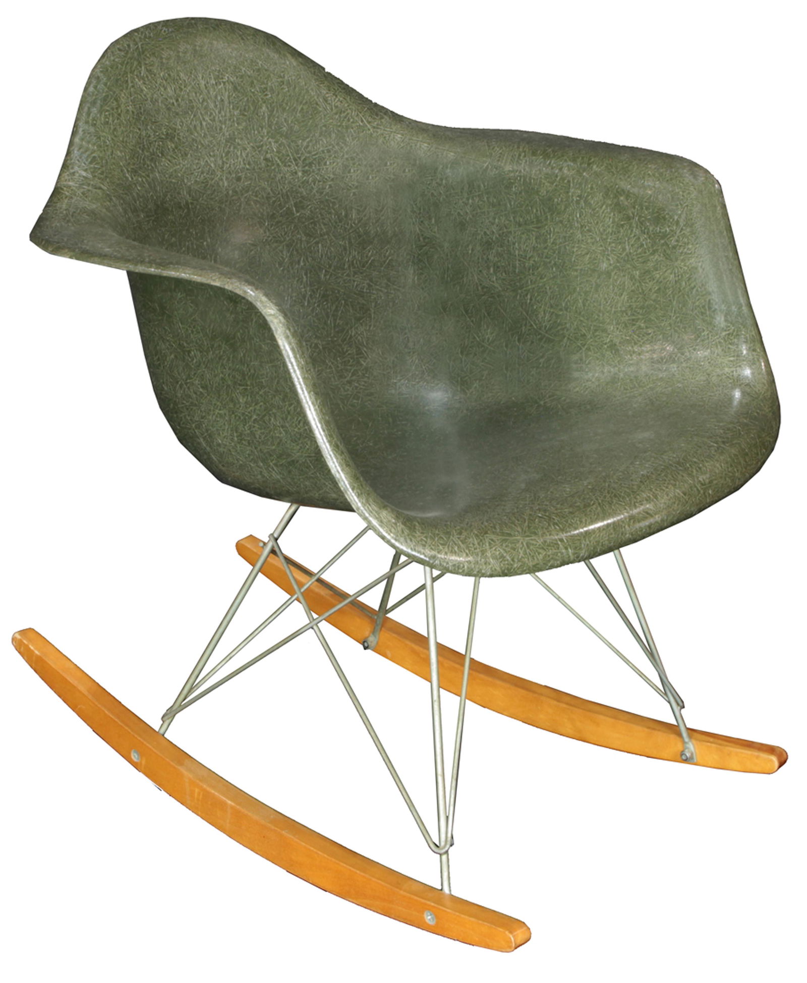 A Charles and Ray Eames for Herman Miller RAR shell: Charles and Ray Eames for Herman Miller RAR shell rocking chair, executed in khaki-green fiberglass, 27"h
