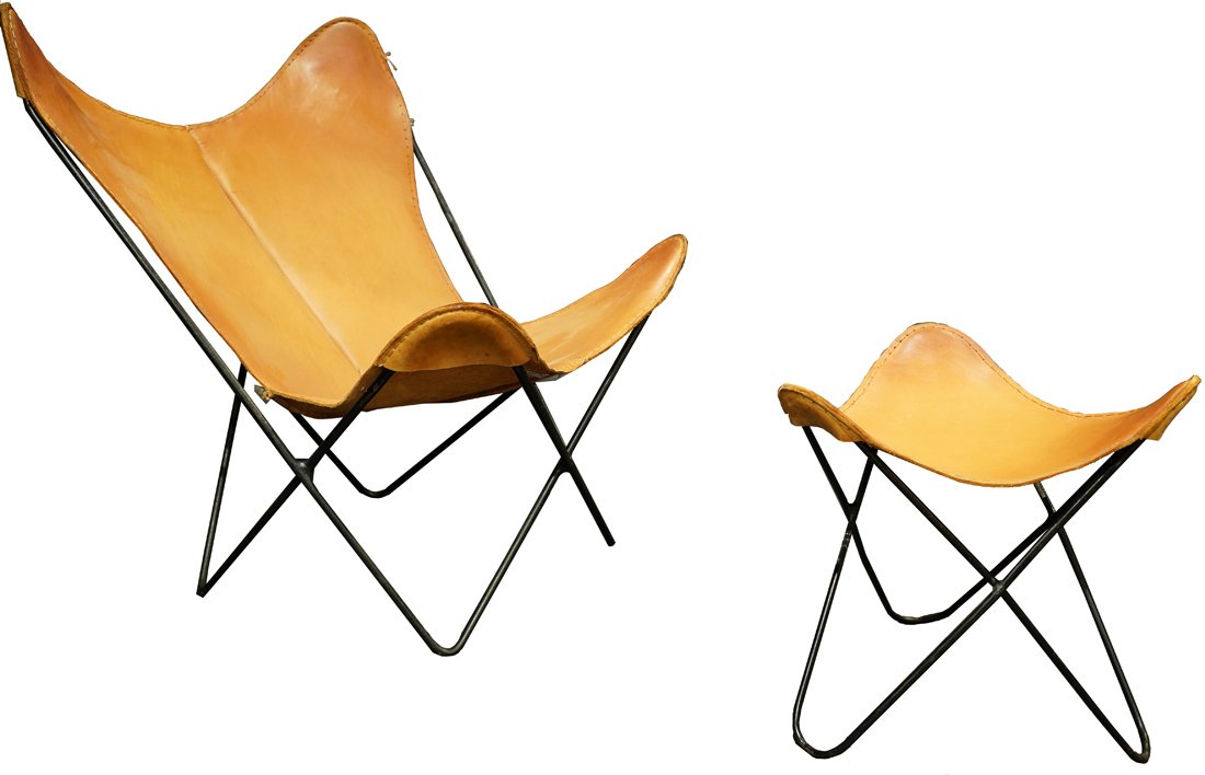 A Jorge Ferrari-Hardoy butterfly chair and ottoman: A Jorge Ferrari-Hardoy butterfly chair and ottoman, having original tan leather sling seats, above the black enameled frame, chair: 34.5"h
