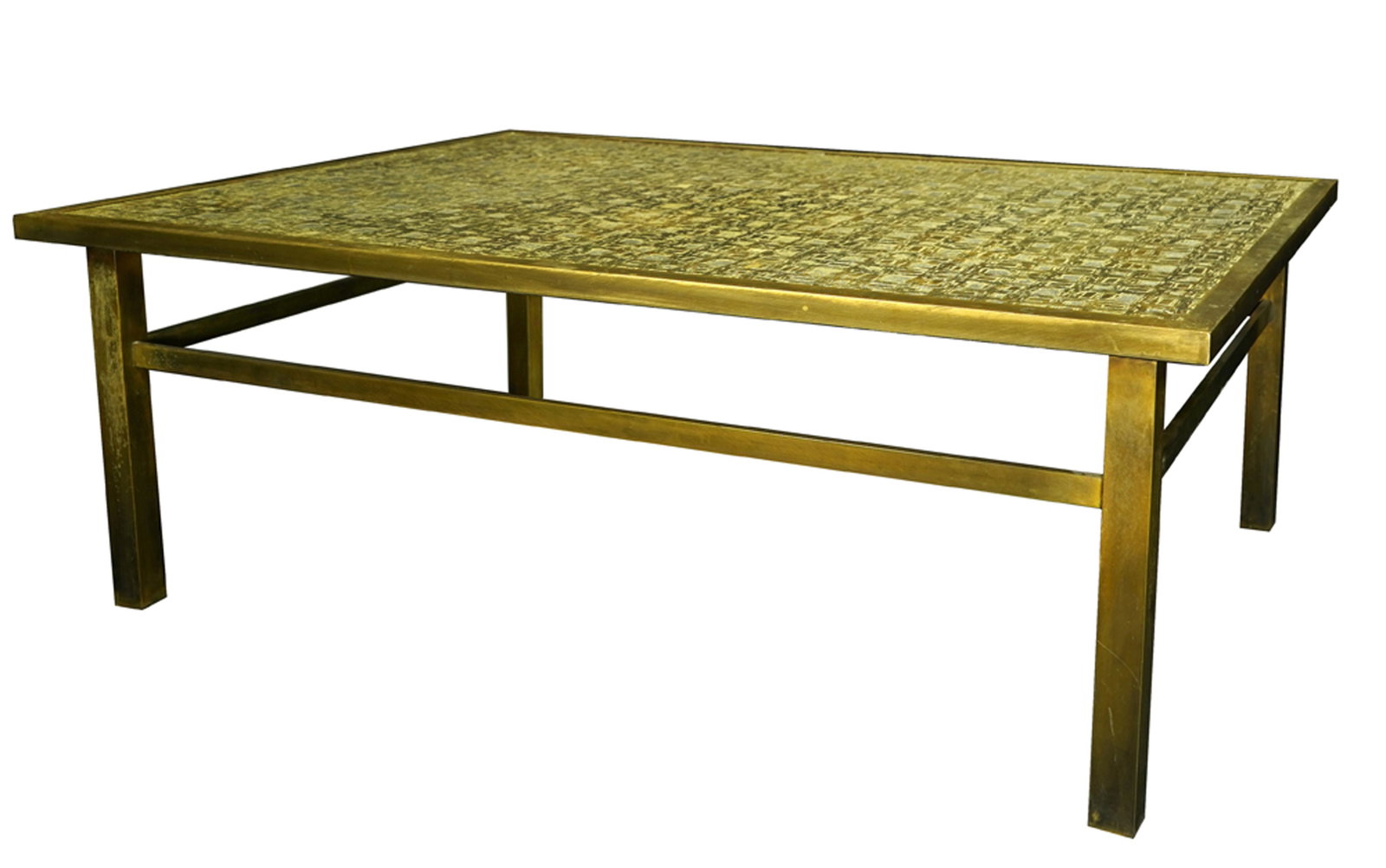 A Philip and Kelvin LaVerne Fantasia table: Philip LaVerne (1908-1988) and Kelvin LaVerne (b. 1936) Fantasia table, New York, 1960s, having a rectangular top executed in etched, patinated, and polychrome bronze and pewter, above square legs con
