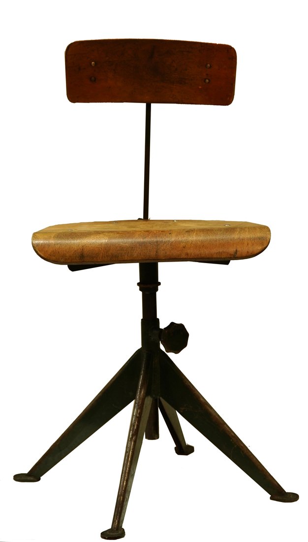 A Jean Prouve stye side chair: Jean Prouve stye side chair, having a swivel seat, above a green enameled iron base, 32"h