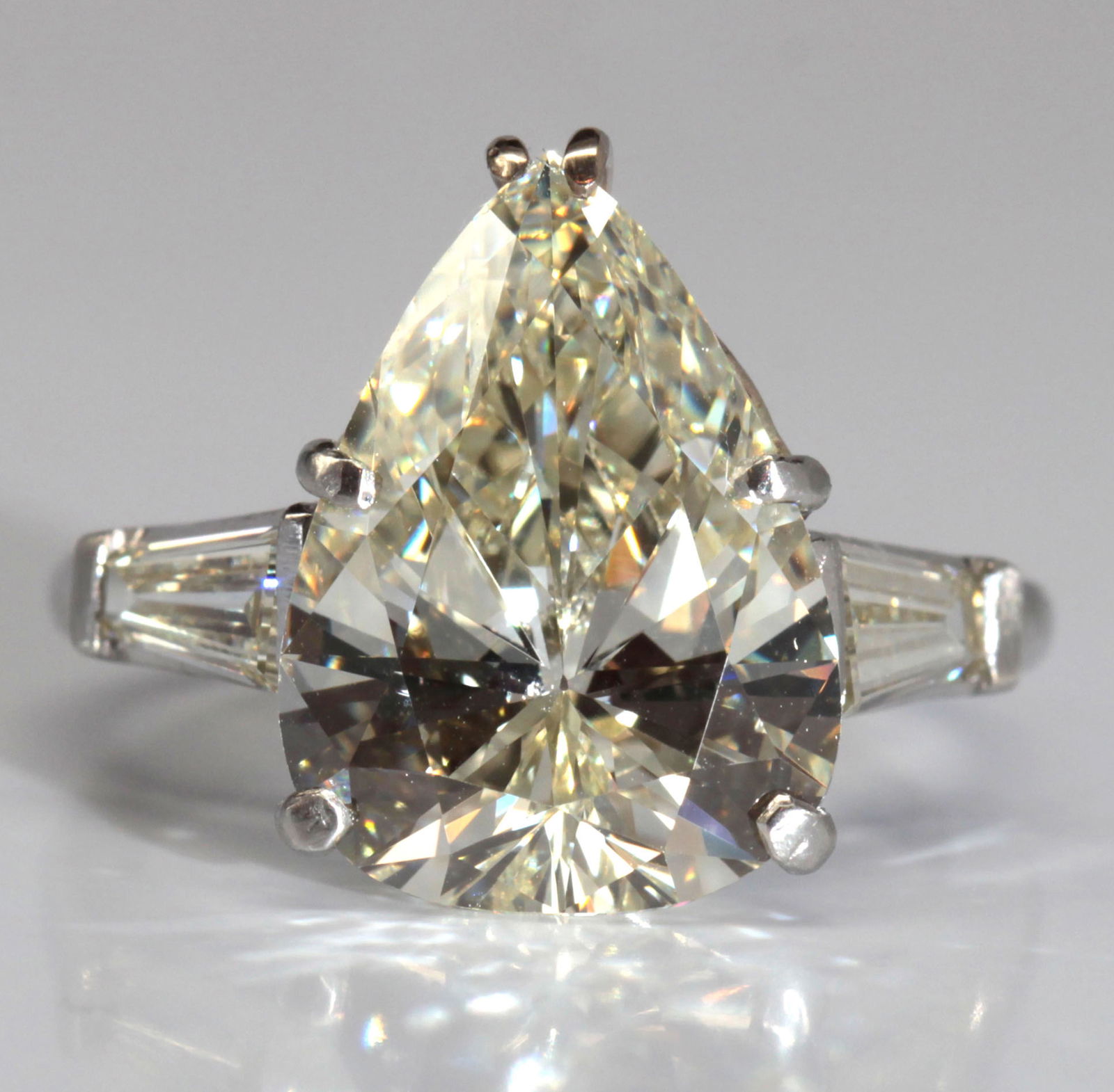 Pear brilliant-cut diamond, platinum ring: Pear brilliant-cut diamond, platinum ring Featuring (1) pear brilliant-cut diamond, weighing 6.41 cts., accompanied by a GIA Diamond Grading Report #5201928362, Dated February 24, 2020, Stating VVS2 C