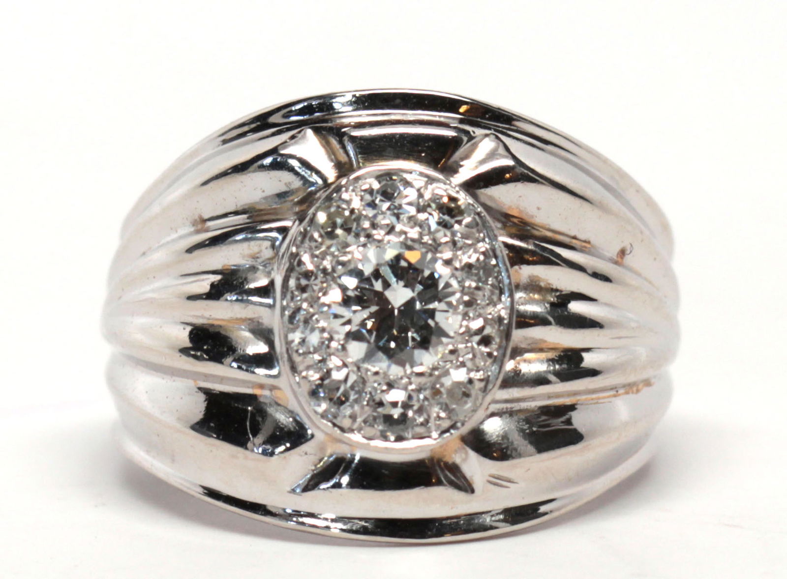 Diamond, 14k white gold ring: Diamond, 14k white gold ring Centering (1) single-cut diamond, weighing approximately 0.30 ct., accented by (10) single-cut diamonds, weighing a total of approximately 0.25 ct., set in a 14k white gol