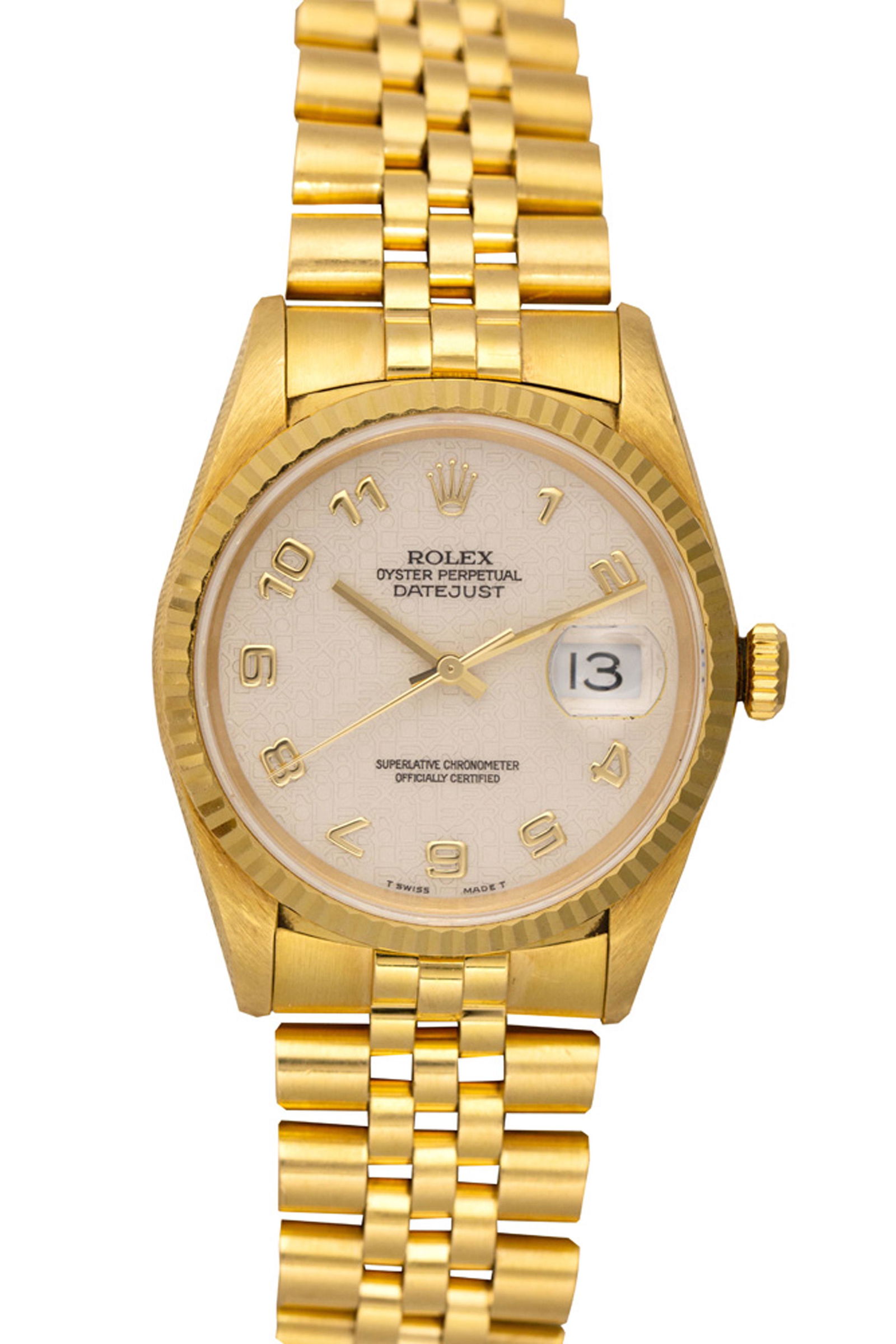 Rolex DateJust 18k yellow gold wristwatch REF: 16238: Rolex DateJust 18k yellow gold wristwatch REF: 16238 Dial: round, Jubilee, off white, with repeated Rolex pattern, gold raised Arabic numeral hour markers, aperture at 3:00 for date, gold baton hands,