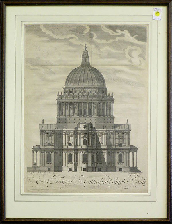 Engravings, Kip, Rossini, European: (Lot of 3) Framed engravings: The East Prospect of the Cathedral Church of St. Paul's, by Thomas Platt, overall: 33"h x 27"w.; The Cathedral Church of Wells; The Cathedral Church of Hereford, by Johan