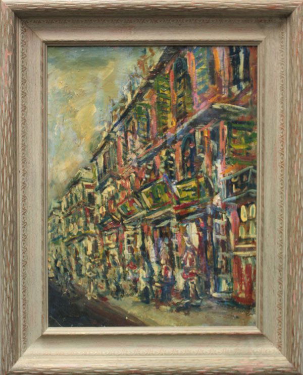 painting Chinatown SF Cucaro: Framed oil on board, ''Chinatown, San Francisco,'' by Pascal Cucaro (Californian, 1915-2004), signed and titled verso, overall: 31.5''h x 25.5''w