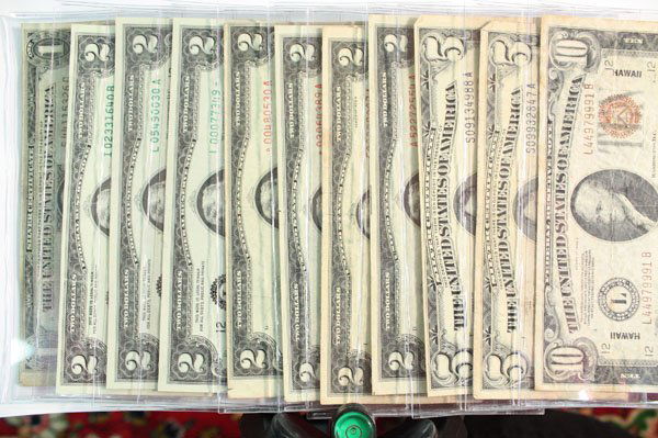 dollars star notes Hawaii certificates: (lot of 11) bills including one $2 1928 G, one $2 1953 A, one $2 1953 star note, one $2 1953 B star note, all in fine or better condition. Two $2 1976, including one star note, and one $2 2003, all th