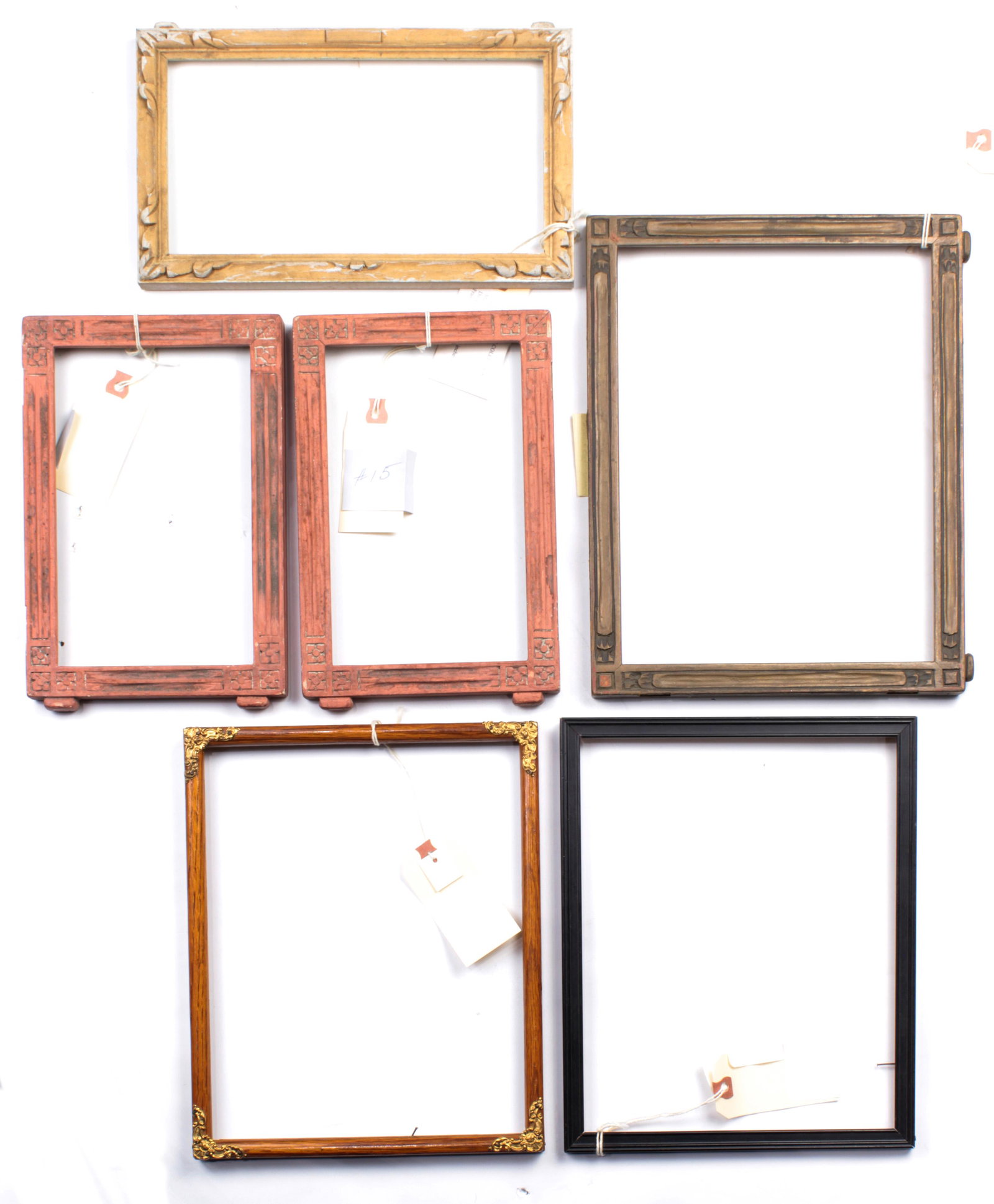 A group of Arts and Crafts frames by Karl Schmidt: A group of hand carved Arts and Crafts frames in different stages of completion executed by Karl Schmidt (American 1890-1962), largest complete frame 17.25" square, rabbett 16" square, approx 19 frame