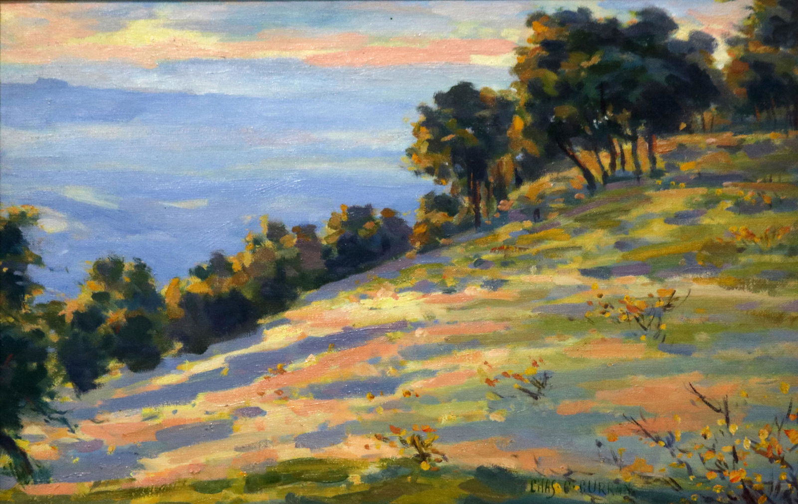 Painting, Charles Courtnery Curran: Charles Courtney Curran (American, 1861-1942), Untitled (Mountain Hillside with Wildflowers), oil on canvas, signed lower right center, canvas: 12"h x 19"w, overall (with frame): 16.25"h x 22.75"w