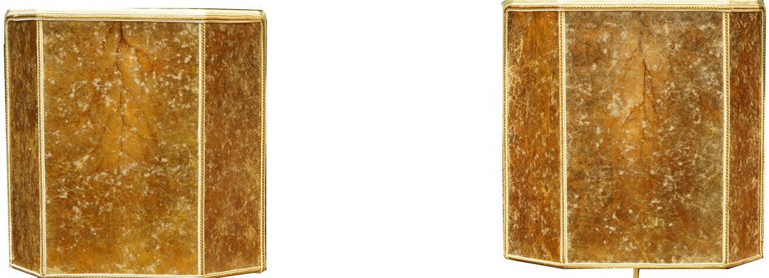 A Pair of Arts and Crafts style wall sconces attributed: A Pair of Arts and Crafts style wall sconces attributed to Berkeley Mills, having a trapezoidal three panel mica shade, 10"h x 10"w