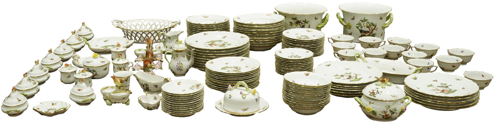 (lot of 119) A Herend Rothschild Bird pattern table: (lot of 119) A Herend Rothschild Bird pattern table service for twelve, consisting of (9) service plates, (12) dinner plates, (12) soup bowls, (12) salad plates, (12) bread plates, (12) dessert plates