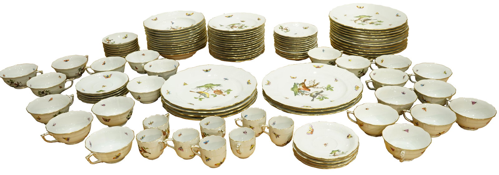 (lot of 93) A Herend Rothschild Bird pattern table: (lot of 93) A Herend Rothschild Bird pattern table service, consisting of (16) dinner plates, (3) service plates, (15) salad plates, (8) condiment bowls, (20) cups with (23) saucers, (8) demitasse cup