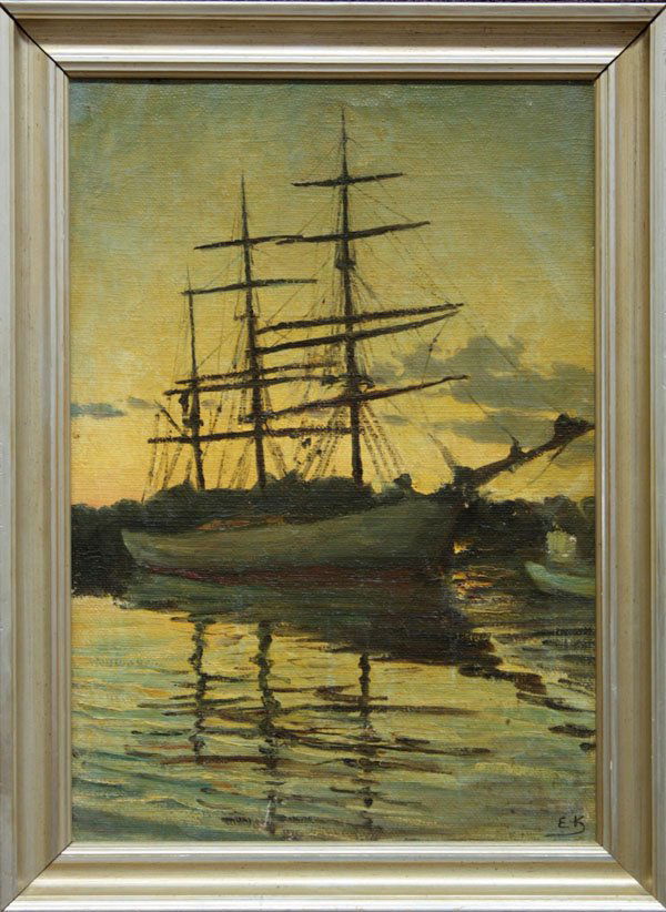 Painting, Danish Emil Axel Krause Ship: Framed oil on burlap, Ship at Dusk, by Emil Axel Krause (Danish, 1871-1945), initialed E.K. lower right, stamped verso with label affixed verso, sight: 22.5''h x 15.5''w, overall: 27''h x 19.5''w