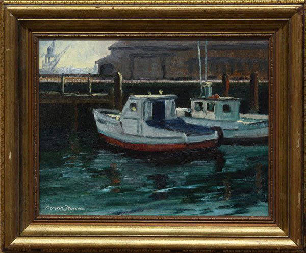 Painting, Darwin Duncan, Californian: Framed oil on board, Harbor Scene with Distant Crane, by Darwin Duncan (Californian, 1905-2002), signed lower left, sight: 10.25''h x 13.25''w, overall: 15''h x 18''w